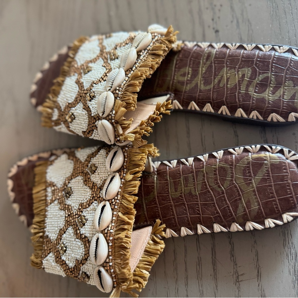 Sam Edelman Tan and Cream Beaded Sandals